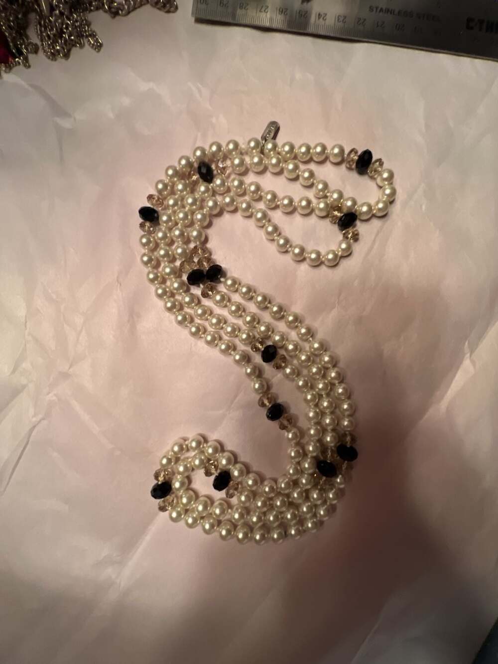 Kissaka Pearl Necklace White Faux Pearl And Black Beaded Strand